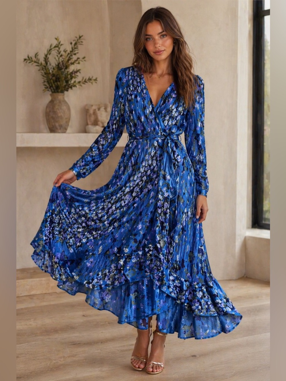 🔥5/$35🔥 Blue Foral Pleated Wrap Dress | Size M/L | BEAUTIFUL by Lawrence Zarian